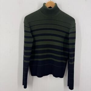 VTG Stripe Mock Neck Long Sleeve Sweater Knit sx XL Green Black Preppy Academia